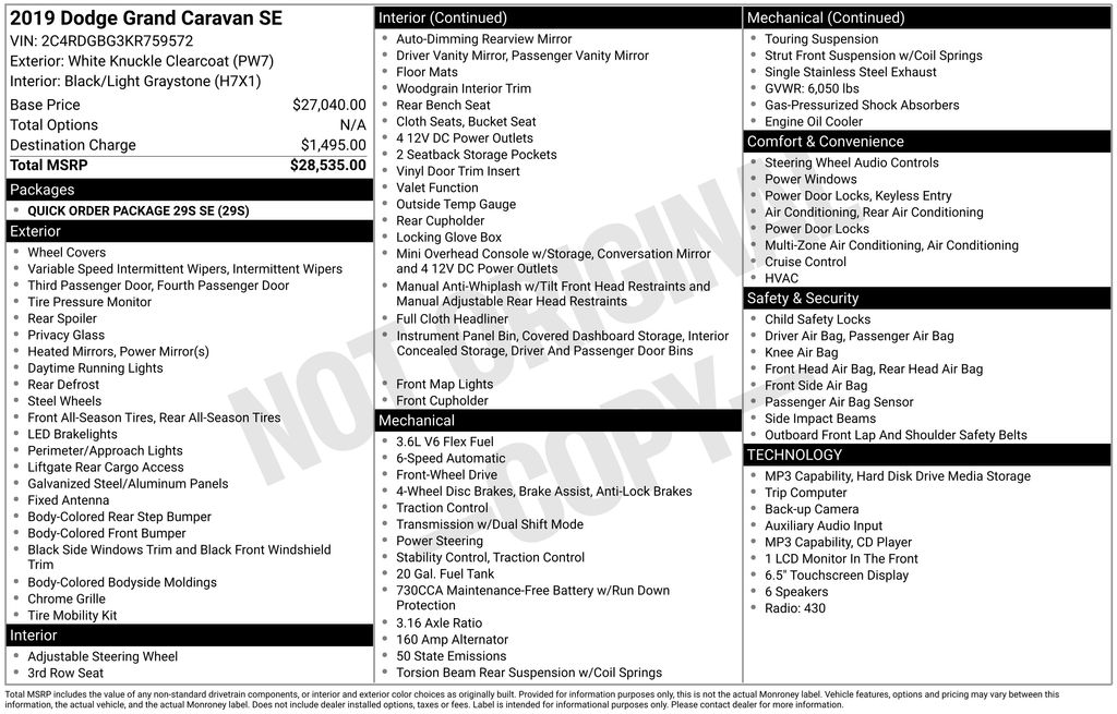 dodge grand caravan 2019 2C4RDGBG3KR759572 image dodge grand caravan 2019 2C4RDGBG3KR759572 image